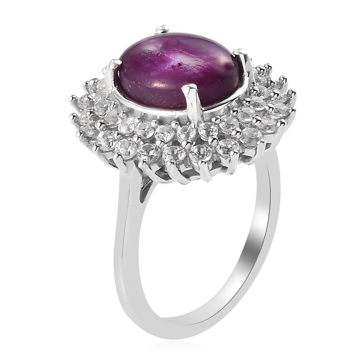 Indian Star Ruby and Natural White Zircon Cocktail Ring in Platinum Over Sterling Silver (Size 5.0) 5.60 ctw image number 3