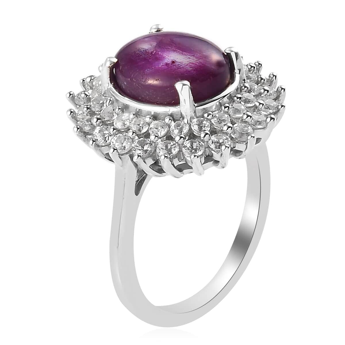 Indian Star Ruby and Natural White Zircon Cocktail Ring in Platinum Over Sterling Silver (Size 8.0) 5.60 ctw image number 3