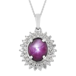 Indian Star Ruby and Natural White Zircon Cocktail Pendant Necklace 20 Inches in Platinum Over Sterling Silver 5.75 ctw