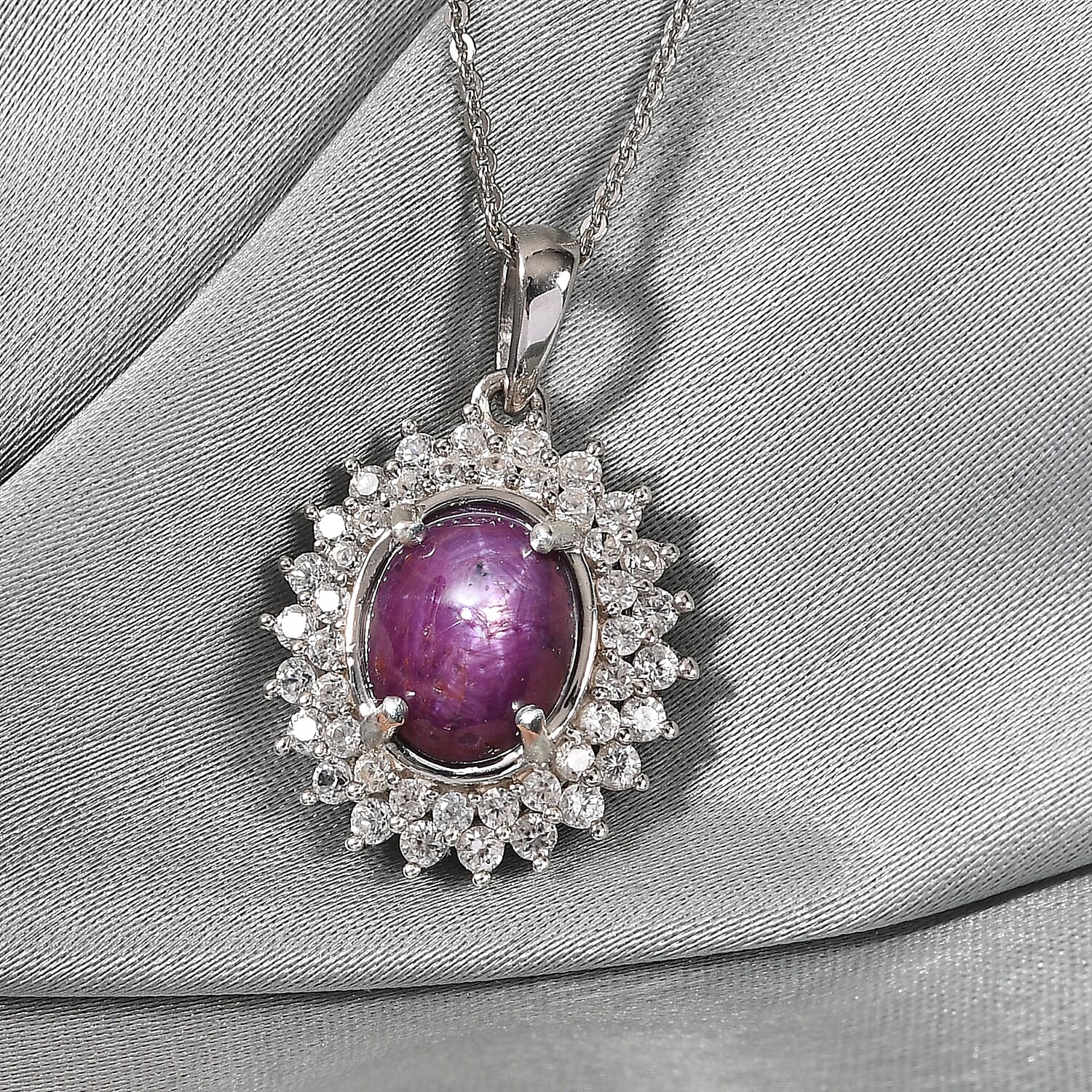 Indian Star Ruby and Natural White Zircon Cocktail Pendant Necklace 20 Inches in Platinum Over Sterling Silver 5.75 ctw