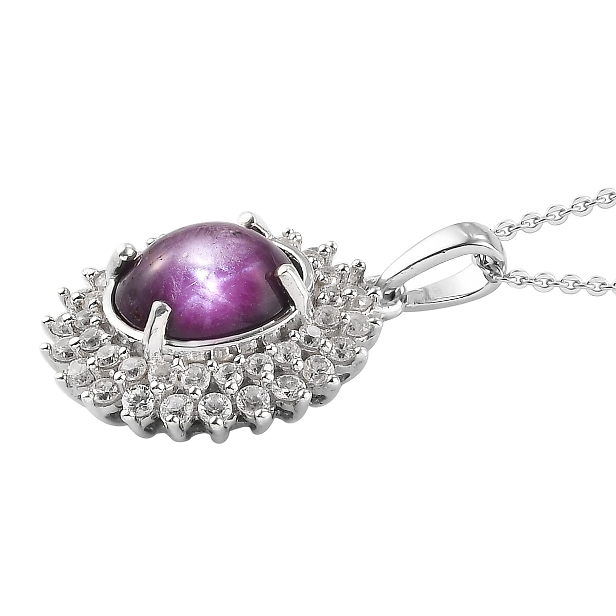 Indian Star Ruby and Natural White Zircon Cocktail Pendant Necklace 20 Inches in Platinum Over Sterling Silver 5.75 ctw