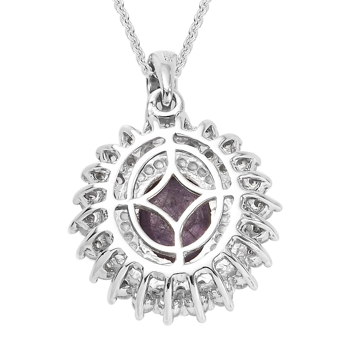 Indian Star Ruby and Natural White Zircon Cocktail Pendant Necklace 20 Inches in Platinum Over Sterling Silver 5.75 ctw
