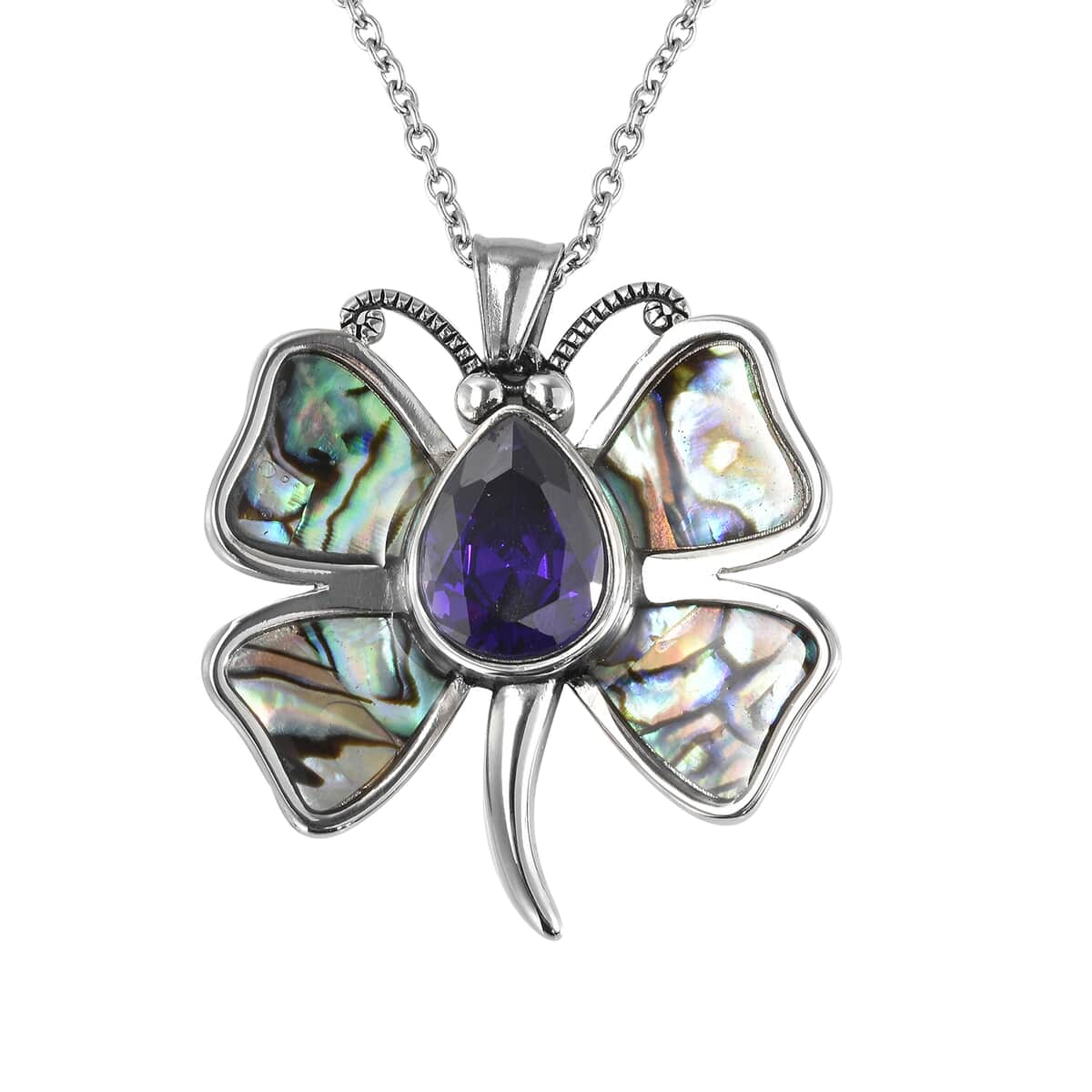 Simulated Purple Diamond and Abalone Shell Butterfly Pendant Necklace 20 Inches in Stainless Steel image number 0