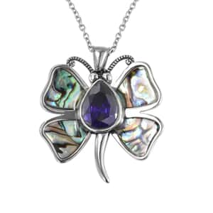 Simulated Purple Diamond and Abalone Shell Butterfly Pendant Necklace 20 Inches in Stainless Steel