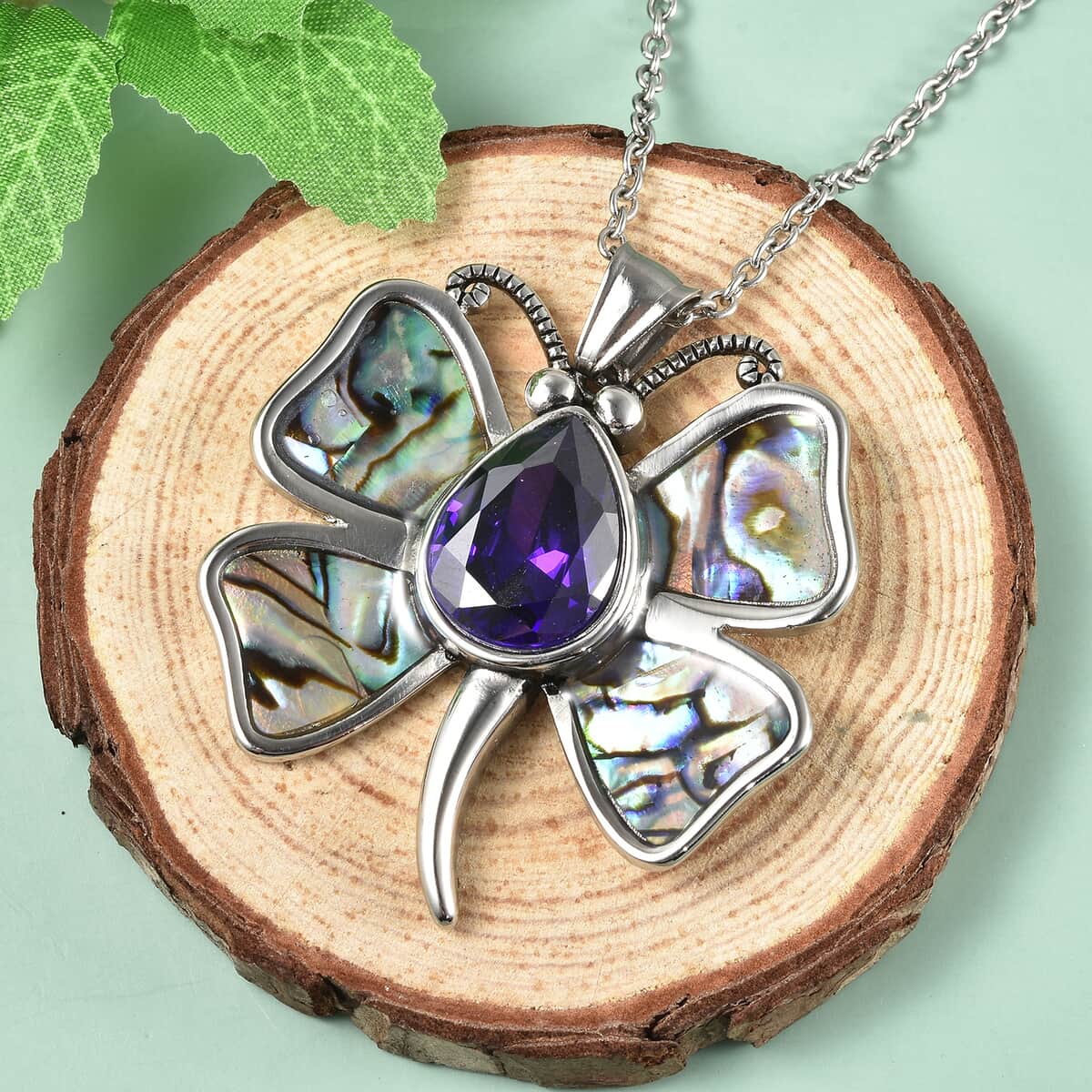 Simulated Purple Diamond and Abalone Shell Butterfly Pendant Necklace 20 Inches in Stainless Steel image number 1