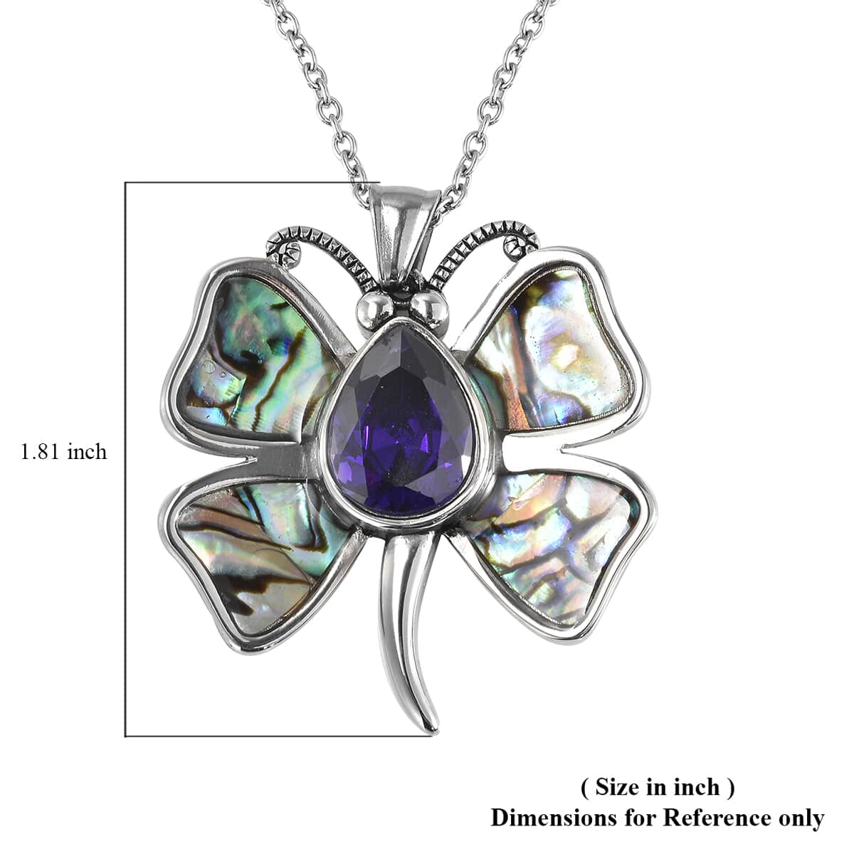Simulated Purple Diamond and Abalone Shell Butterfly Pendant Necklace 20 Inches in Stainless Steel image number 5