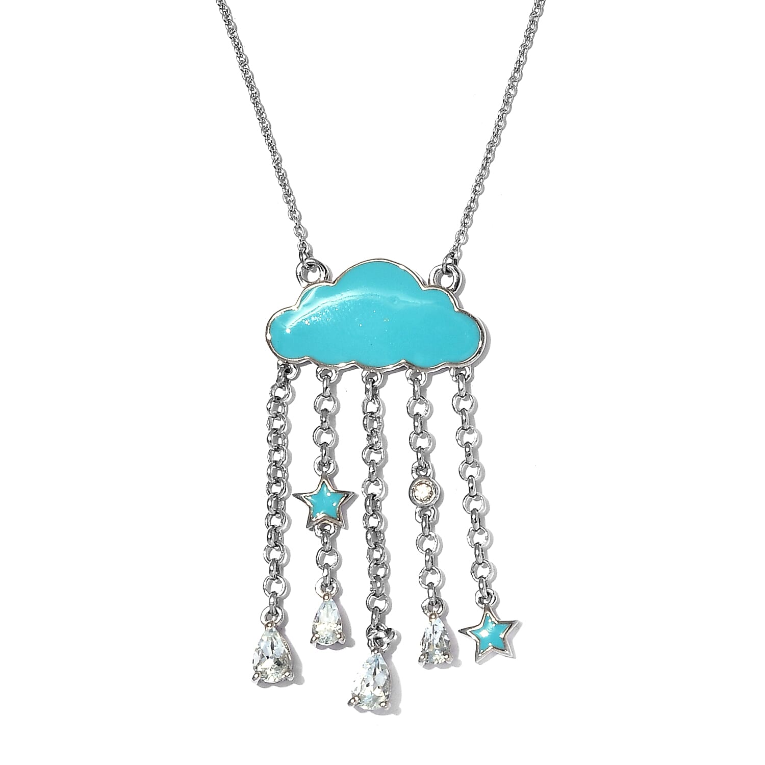 Espirito Santo Aquamarine and Natural White Zircon Enameled Cloud Necklace 18 Inches in Platinum Over Sterling Silver 1.15 ctw