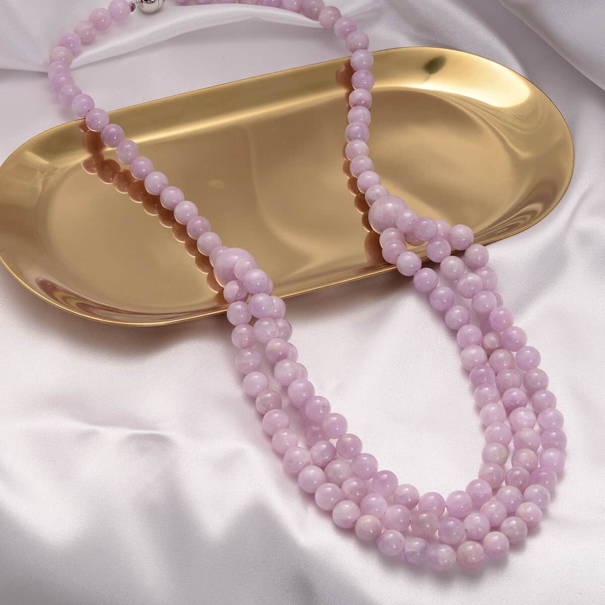 Kunzite Beaded 3 Layer Strands Necklace 20 Inches with Magnetic Lock in Rhodium Over Sterling Silver 422.50 ctw image number 1