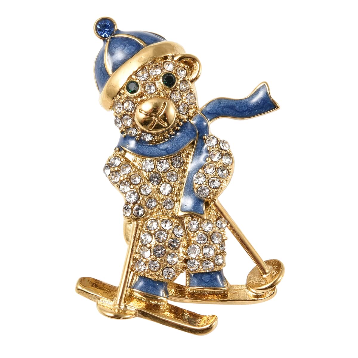 Multi Color Austrian Crystal and Enameled Snowman Skiing Brooch in Goldtone image number 0
