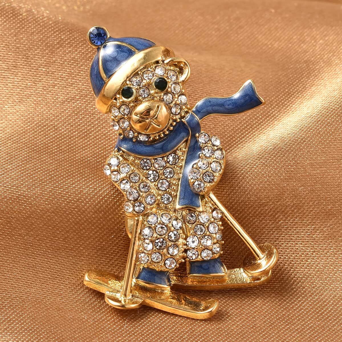 Multi Color Austrian Crystal and Enameled Snowman Skiing Brooch in Goldtone image number 1