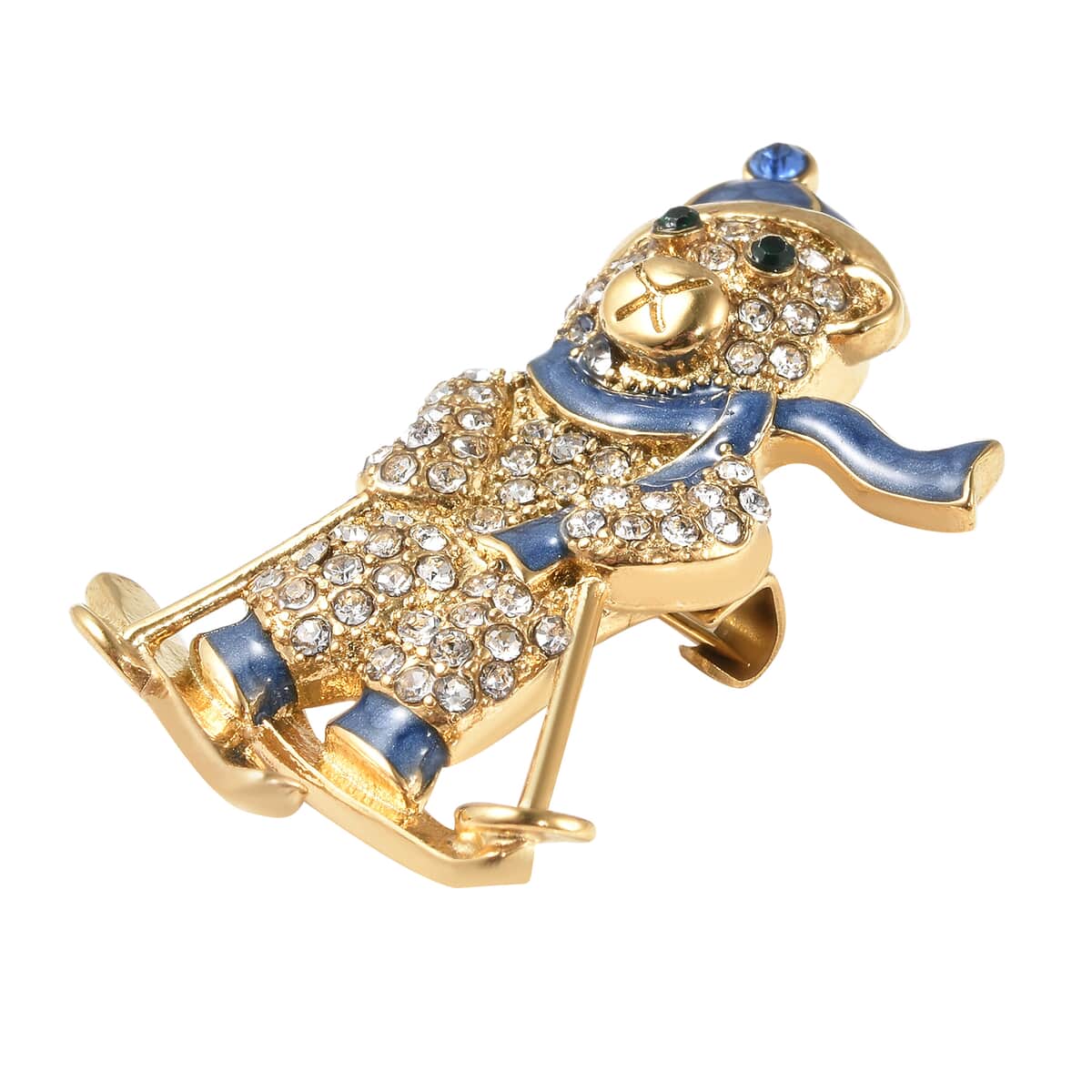 Multi Color Austrian Crystal and Enameled Snowman Skiing Brooch in Goldtone image number 2