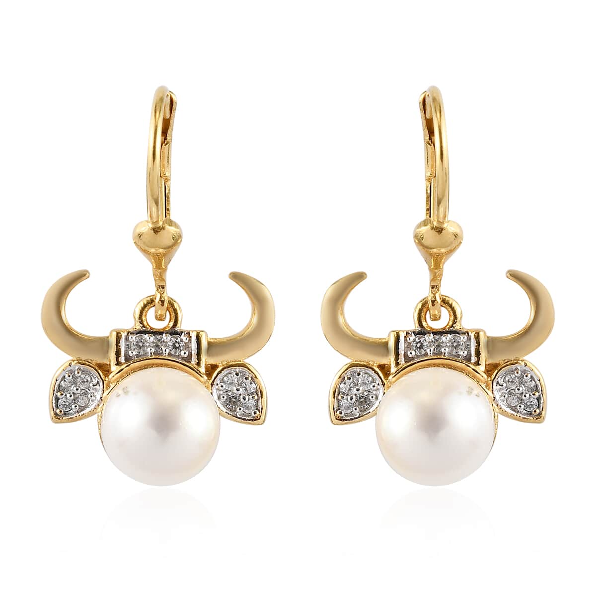 Taurus Zodiac, Freshwater Pearl and Natural White Zircon Earrings in Vermeil Yellow Gold Over Sterling Silver 0.25 ctw image number 0