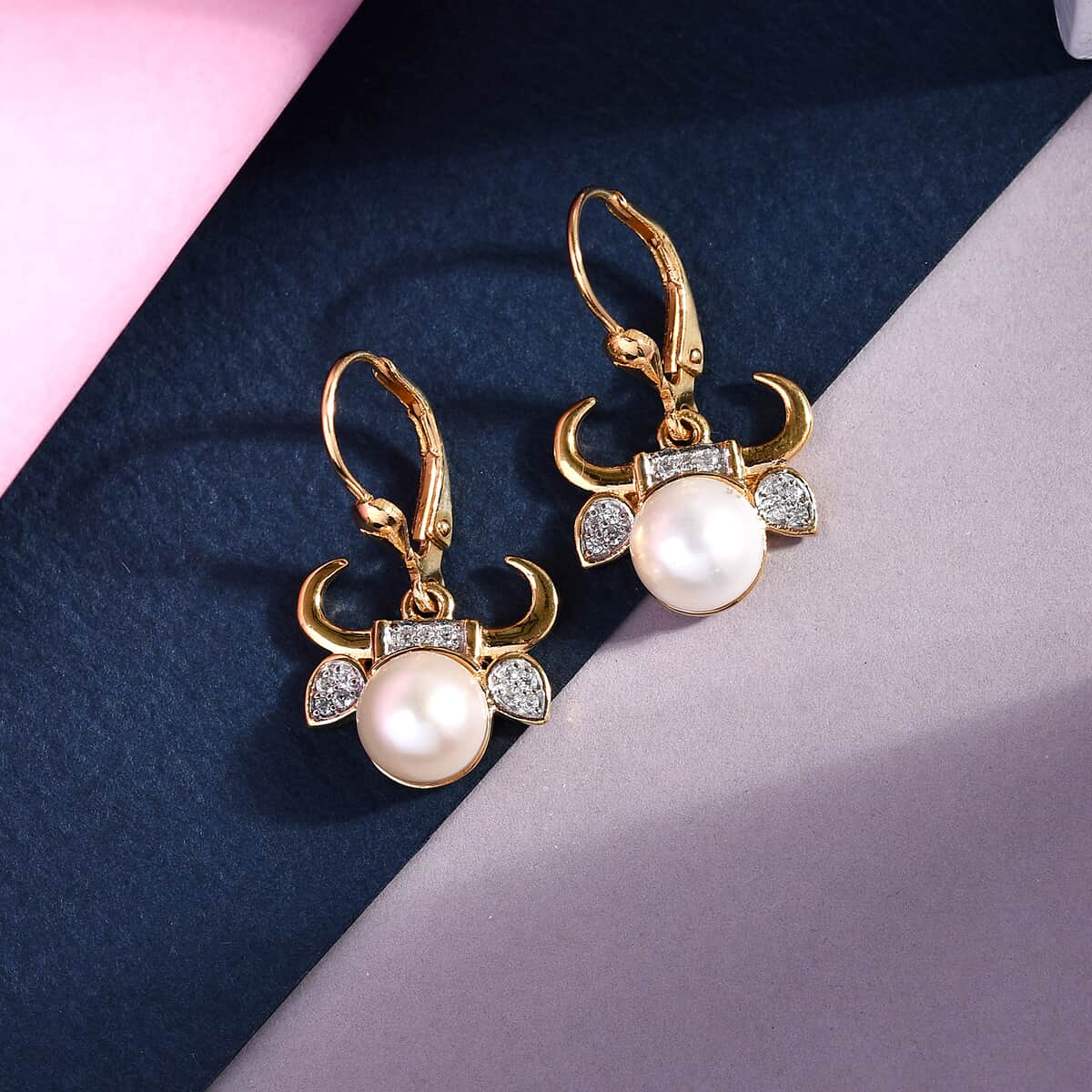 Taurus Zodiac, Freshwater Pearl and Natural White Zircon Earrings in Vermeil Yellow Gold Over Sterling Silver 0.25 ctw image number 1