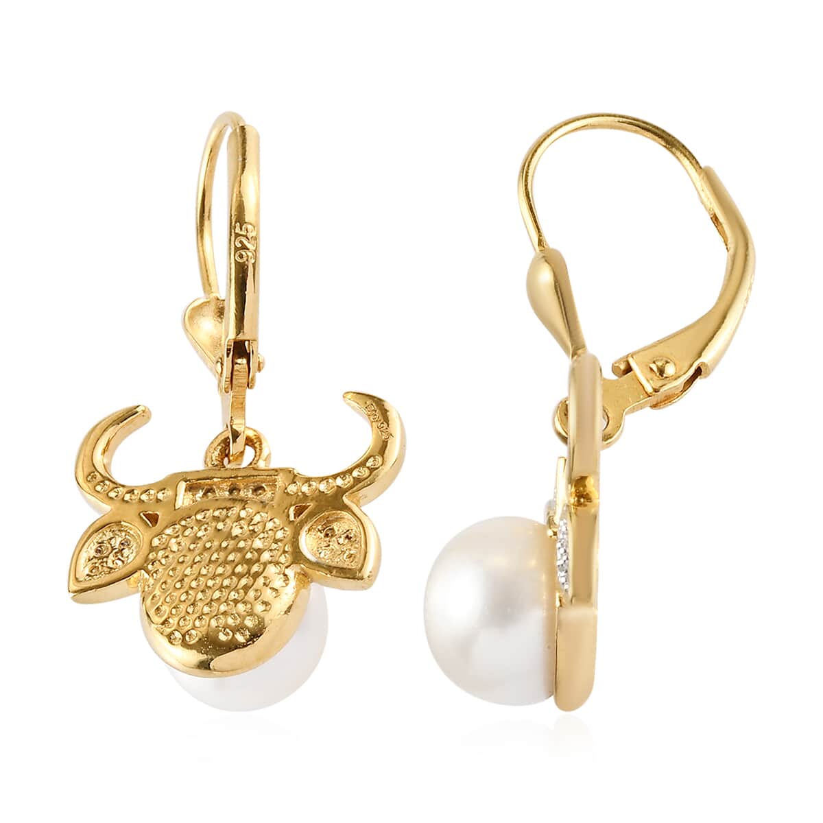 Taurus Zodiac, Freshwater Pearl and Natural White Zircon Earrings in Vermeil Yellow Gold Over Sterling Silver 0.25 ctw image number 3