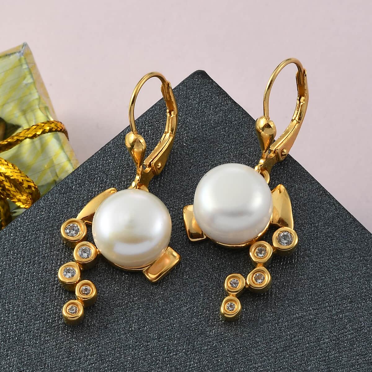Aquarius zodiac, Freshwater Pearl and Natural White Zircon Earrings in Vermeil Yellow Gold Over Sterling Silver image number 1