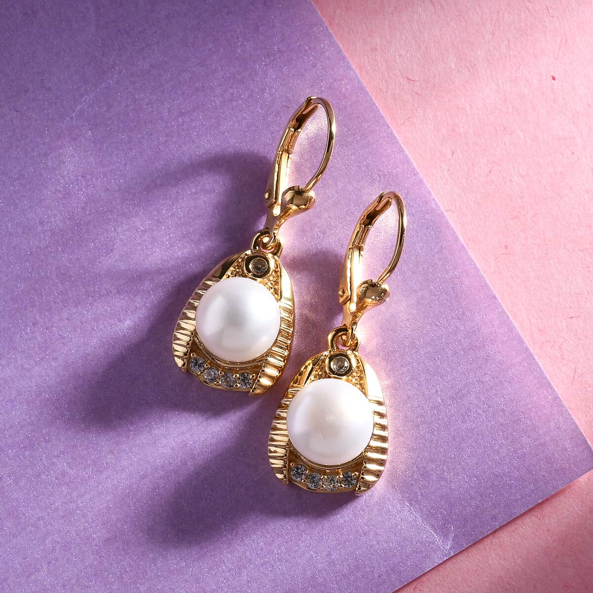 Freshwater Pearl and Natural White Zircon Earrings in Vermeil Yellow Gold Over Sterling Silver 5.40 ctw image number 1