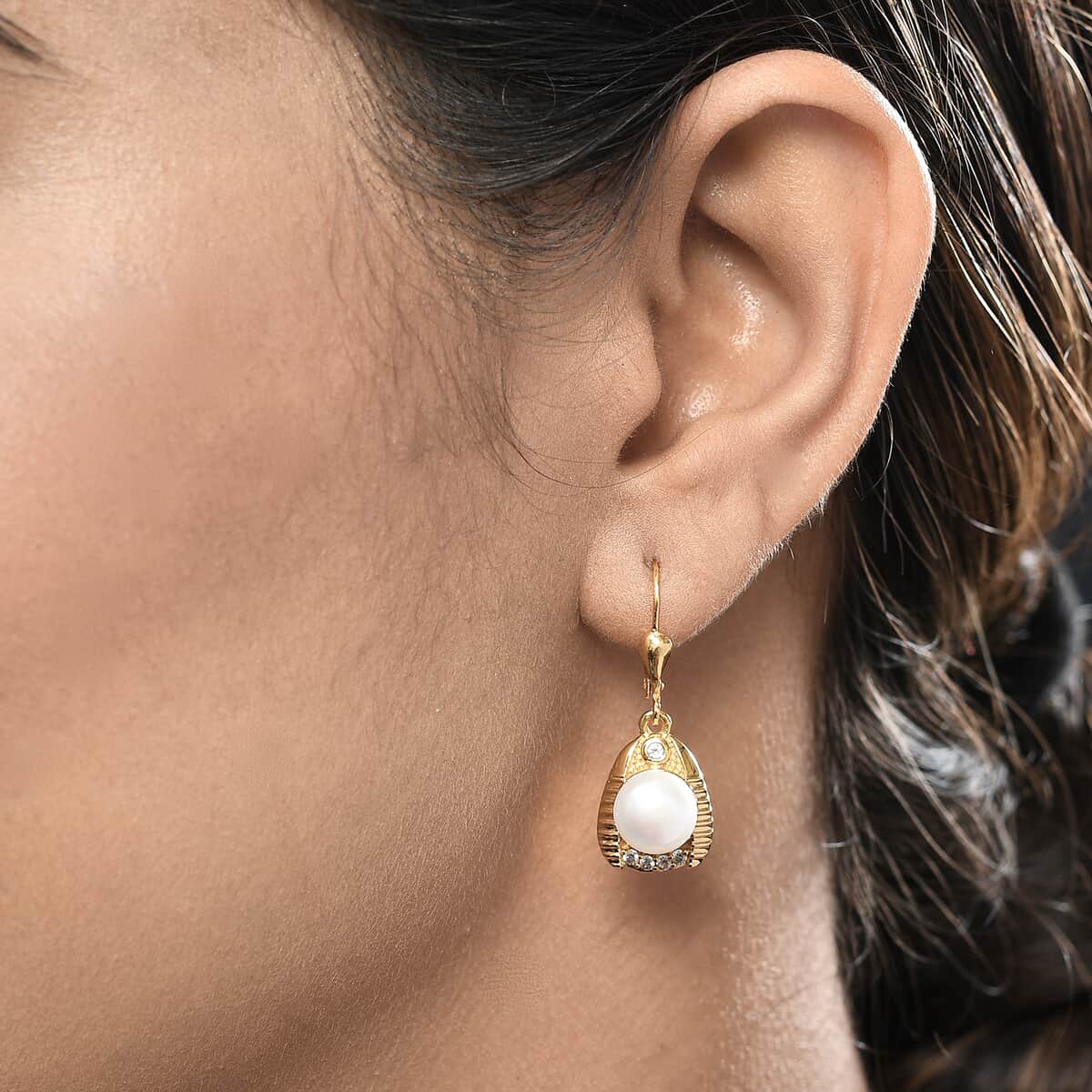 Freshwater Pearl and Natural White Zircon Earrings in Vermeil Yellow Gold Over Sterling Silver 5.40 ctw image number 2