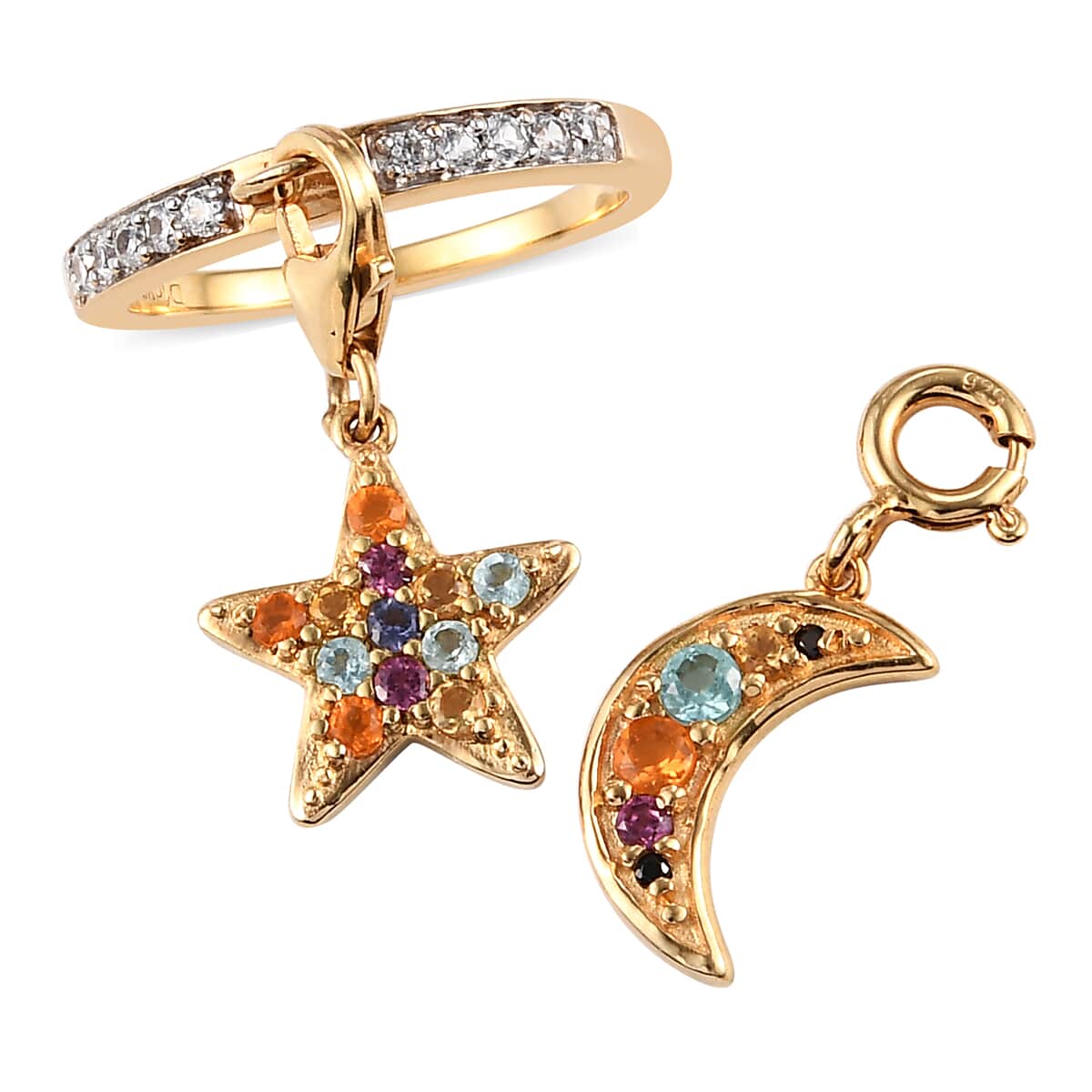 Multi Gemstone Band Ring with Moon and Star Charm in Vermeil Yellow Gold Over Sterling Silver (Size 6) 0.70 ctw image number 0