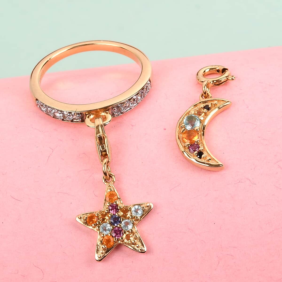Multi Gemstone Band Ring with Moon and Star Charm in Vermeil Yellow Gold Over Sterling Silver (Size 6) 0.70 ctw image number 1