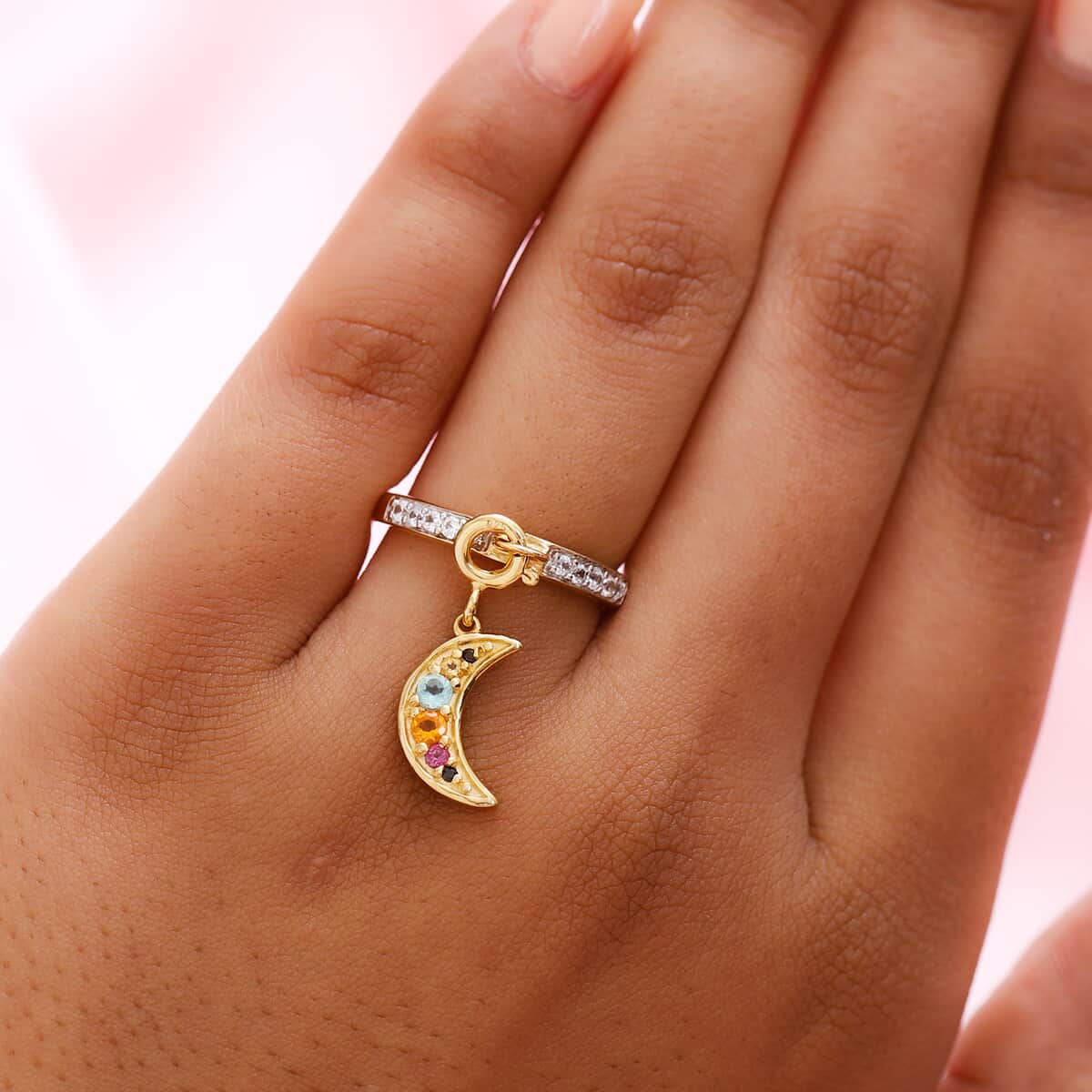 Multi Gemstone Band Ring with Moon and Star Charm in Vermeil Yellow Gold Over Sterling Silver (Size 6) 0.70 ctw image number 2