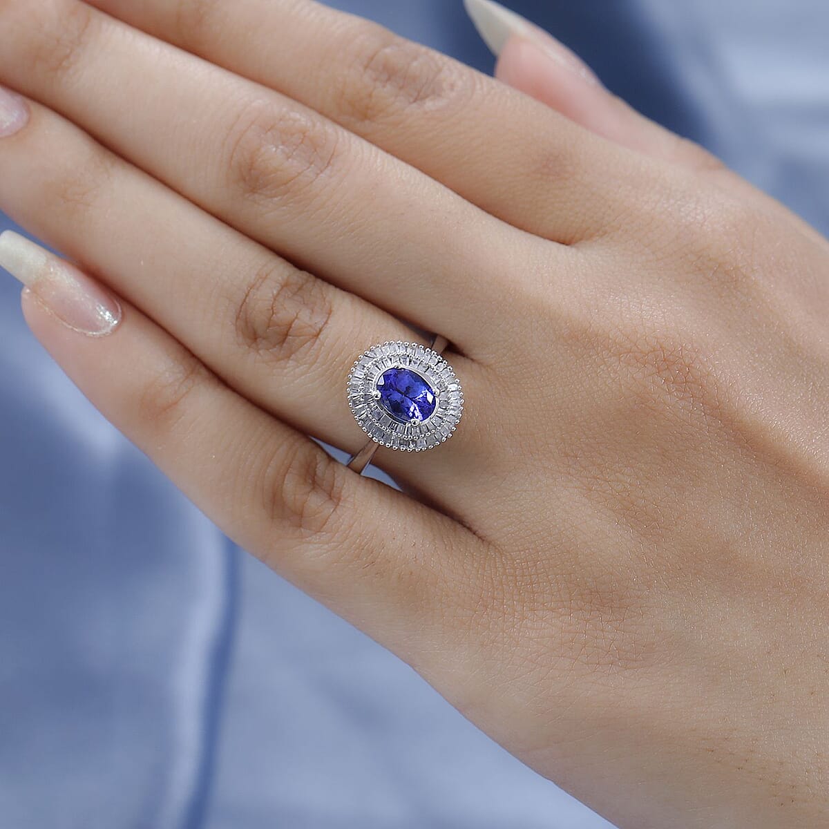 AAA Tanzanite and Diamond Double Halo Ring in Platinum Over Sterling Silver, Oval Engagement Ring (Size 10.0) 1.65 ctw image number 2