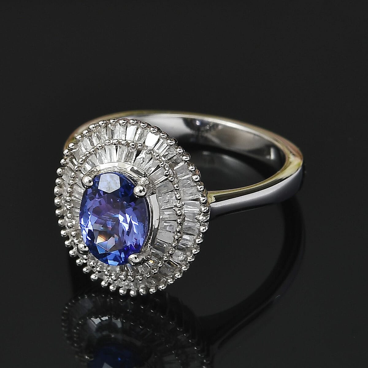 AAA Tanzanite and Diamond Double Halo Ring in Platinum Over Sterling Silver, Oval Engagement Ring (Size 6.0) 1.50 ctw image number 1