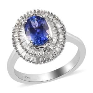 AAA Tanzanite and Diamond Double Halo Ring in Platinum Over Sterling Silver, Oval Engagement Ring (Size 8.0) 1.50 ctw