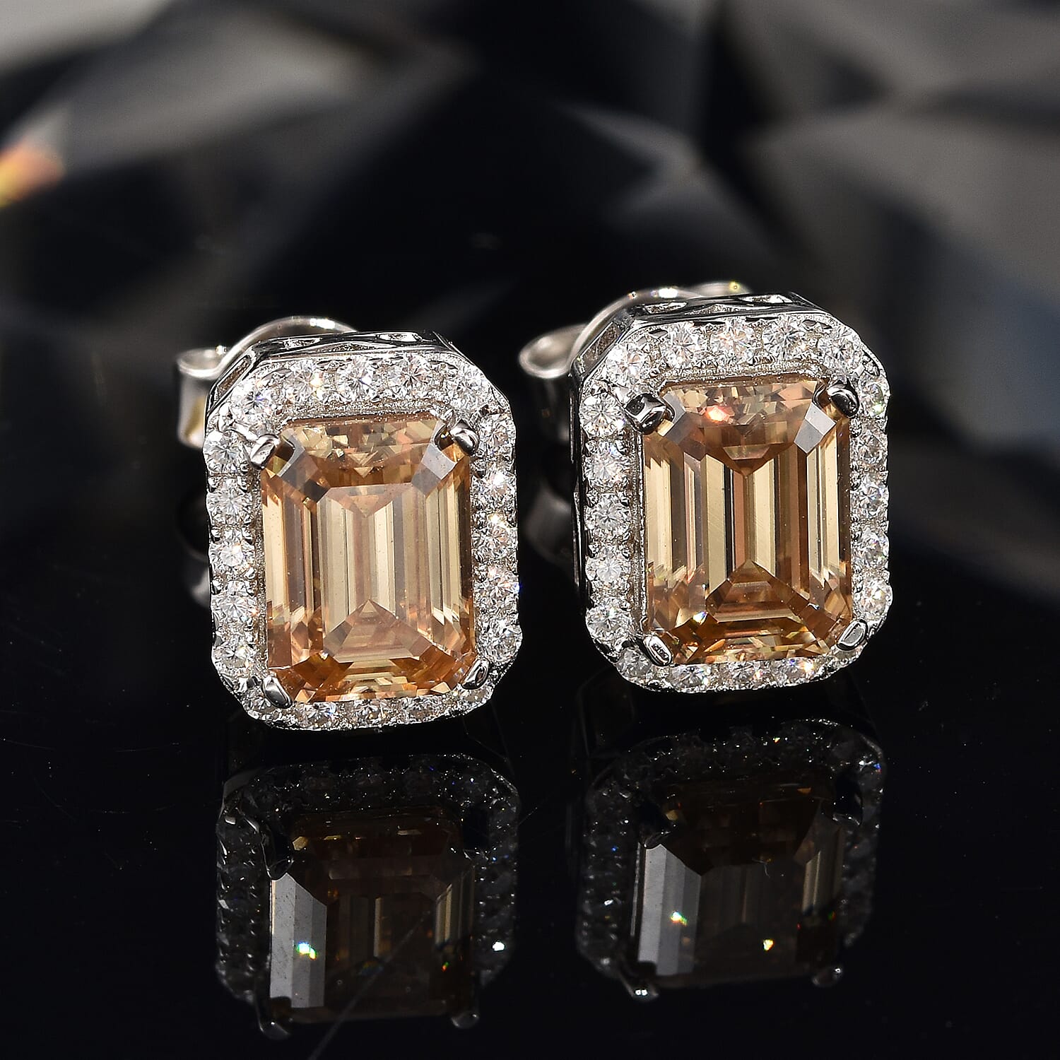 Yellow Moissanite and Moissanite Halo Stud Earrings in Rhodium Over Sterling Silver 2.35 ctw