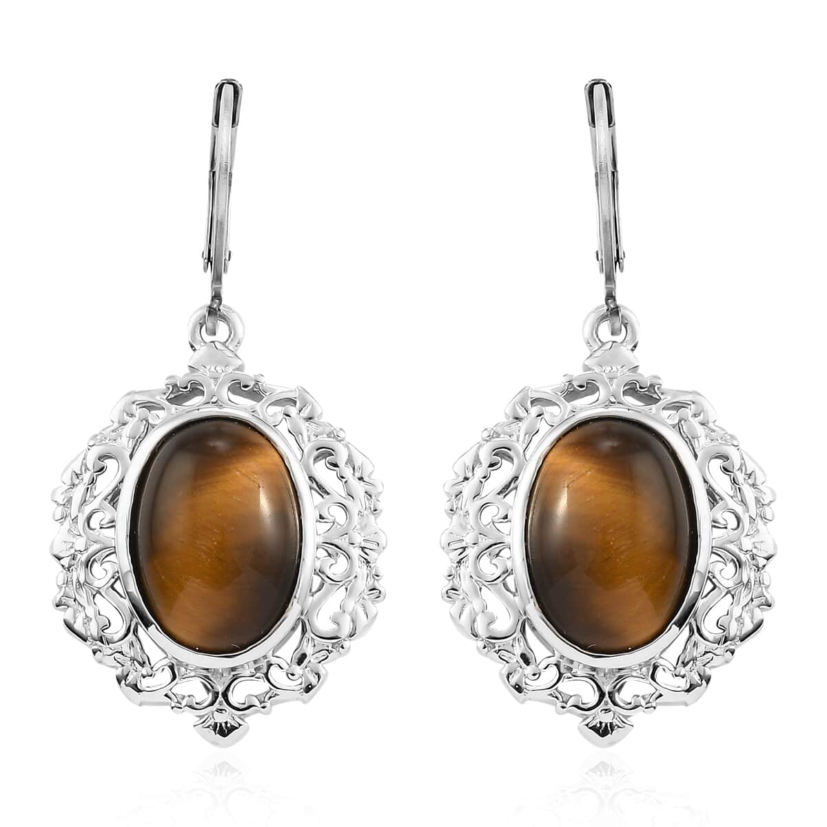 South African Tiger's Eye Lever Back Earrings in Platinum Over Copper With Magnet 13.50 ctw image number 0