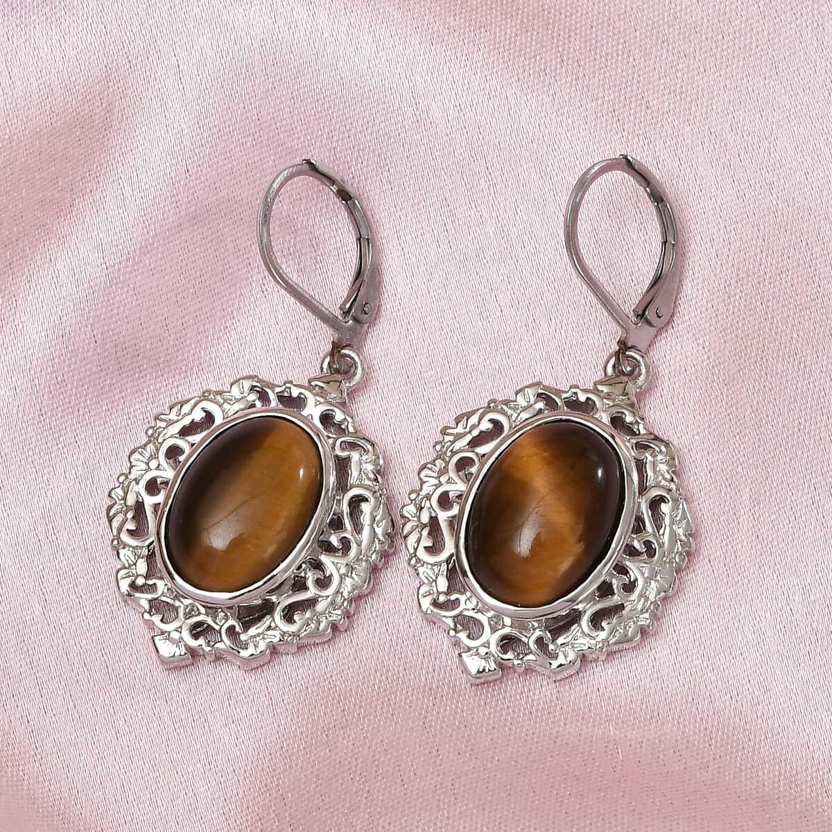 South African Tiger's Eye Lever Back Earrings in Platinum Over Copper With Magnet 13.50 ctw image number 1