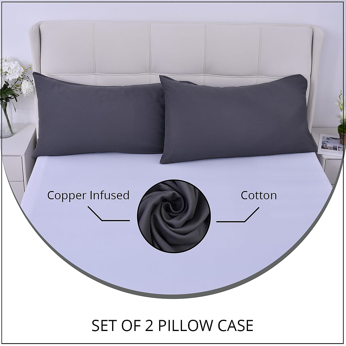 Homesmart Set of 2 Dark Gray Soft and Comfortable Copper Infused Pillowcase (King) image number 1