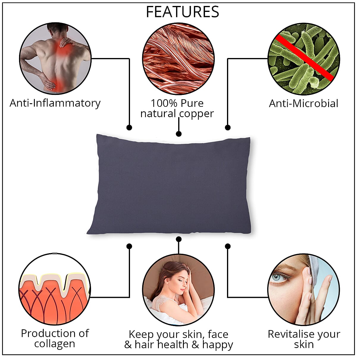 Homesmart Set of 2 Dark Gray Soft and Comfortable Copper Infused Pillowcase (King) image number 2