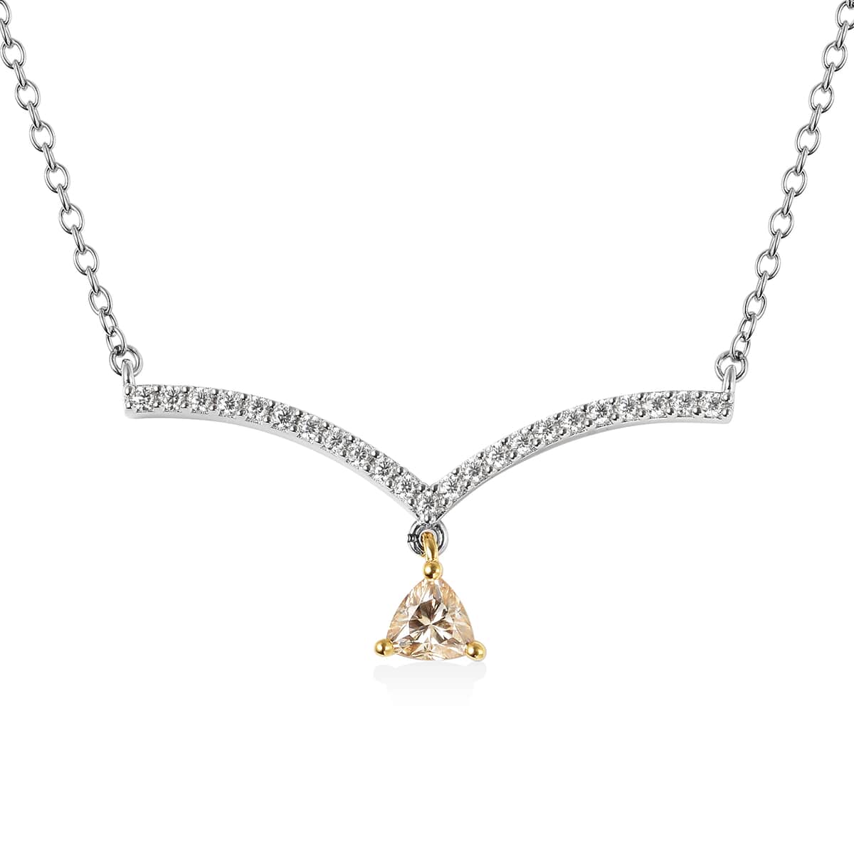 1.20 ctw Yellow Moissanite and White Moissanite V Shape Necklace 18 Inches in Sterling Silver image number 0