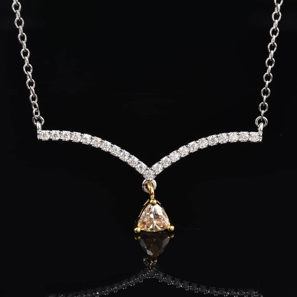 1.20 ctw Yellow Moissanite and White Moissanite V Shape Necklace 18 Inches in Sterling Silver image number 1