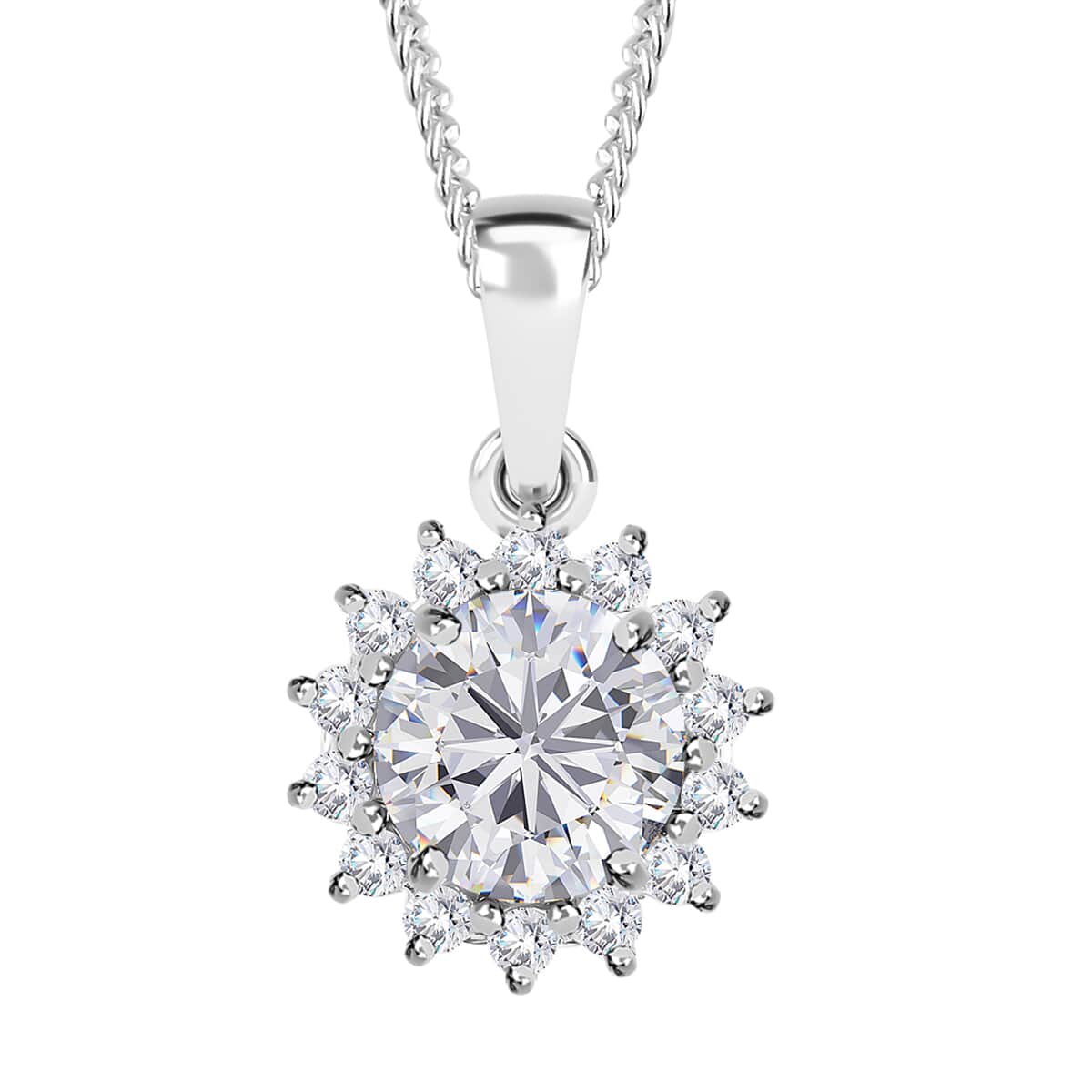 White Moissanite Sunburst Pendant Necklace (18 Inches) in Rhodium Over Sterling Silver image number 0