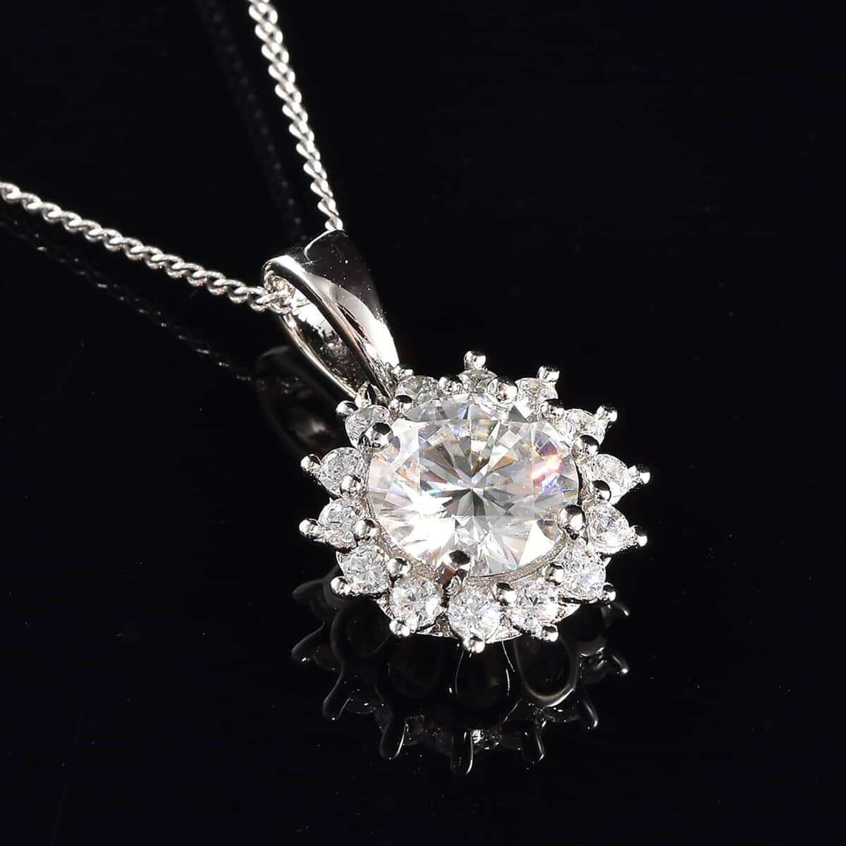 White Moissanite Sunburst Pendant Necklace (18 Inches) in Rhodium Over Sterling Silver image number 1