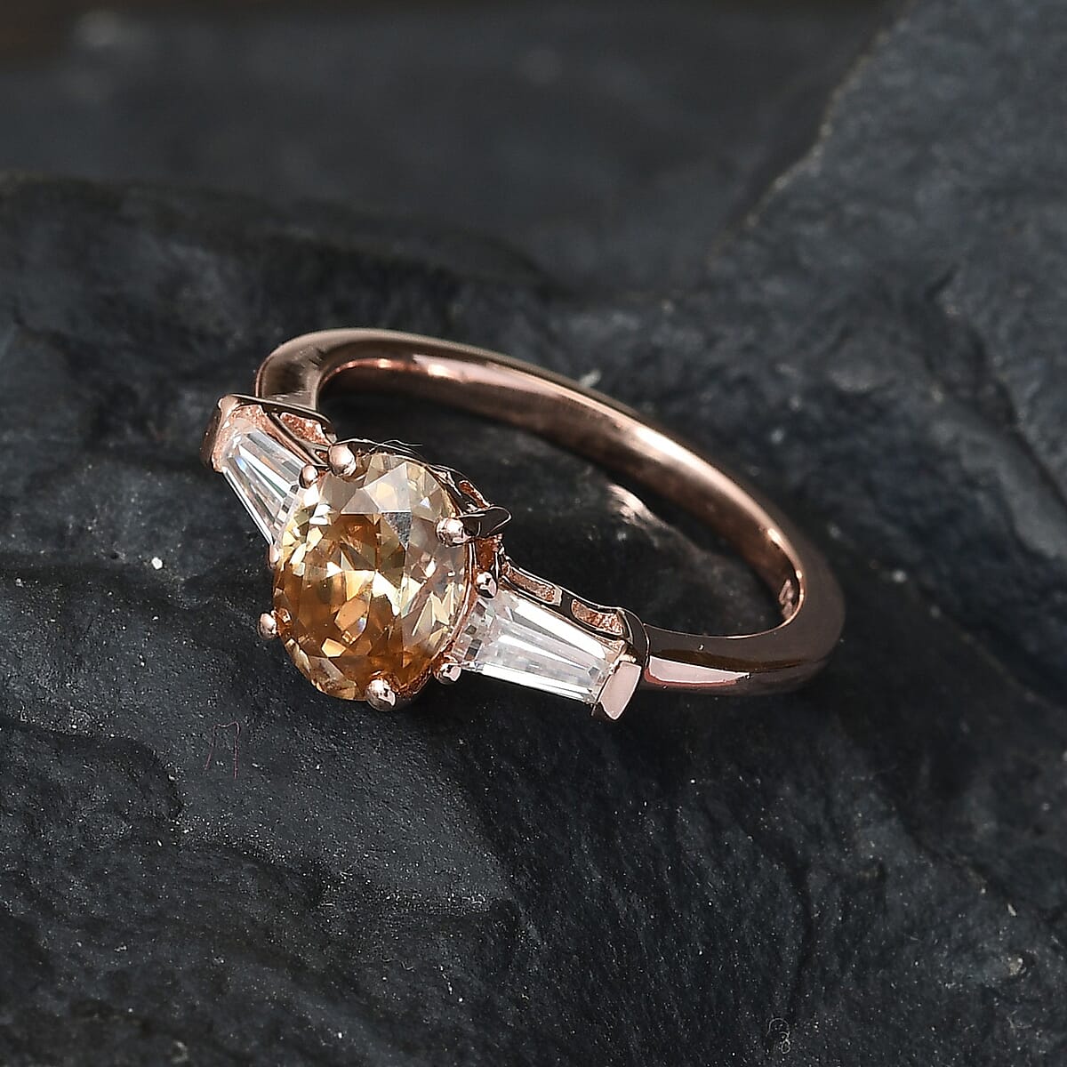 Champagne Moissanite VS and White Moissanite Fancy Ring in Vermeil Rose Gold Over Sterling Silver (Size 6.0) 1.80 ctw image number 1