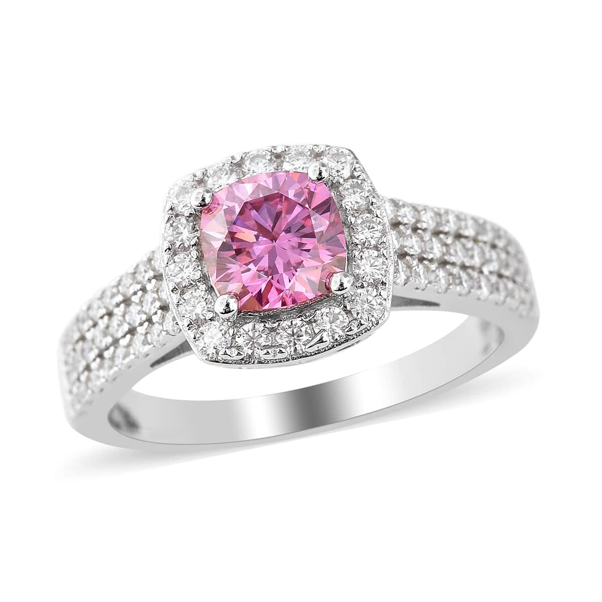 Pink Moissanite and Moissanite Halo Ring in Rhodium Over Sterling Silver (Size 9.0) 1.65 ctw image number 0