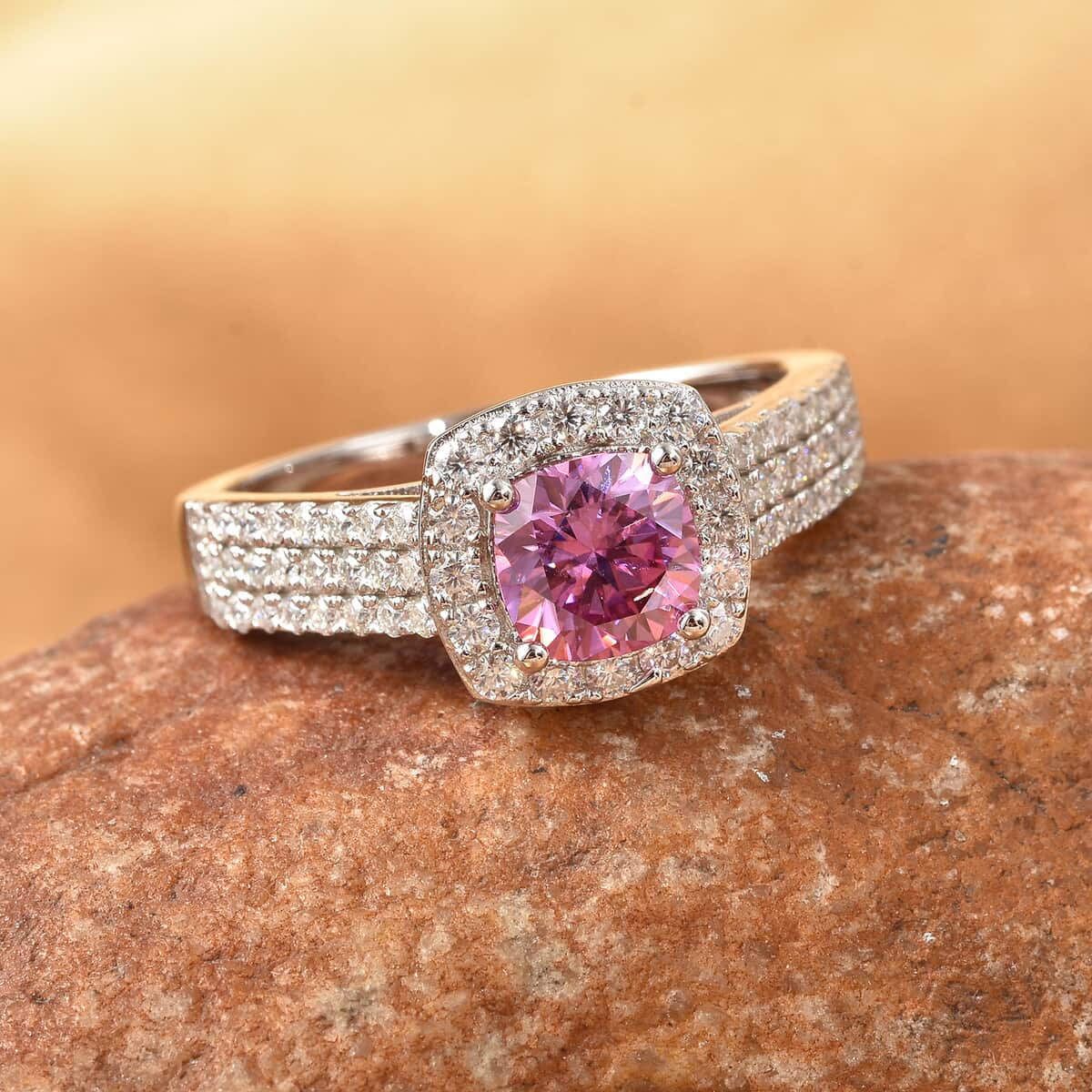 Pink Moissanite and Moissanite Halo Ring in Rhodium Over Sterling Silver (Size 9.0) 1.65 ctw image number 1