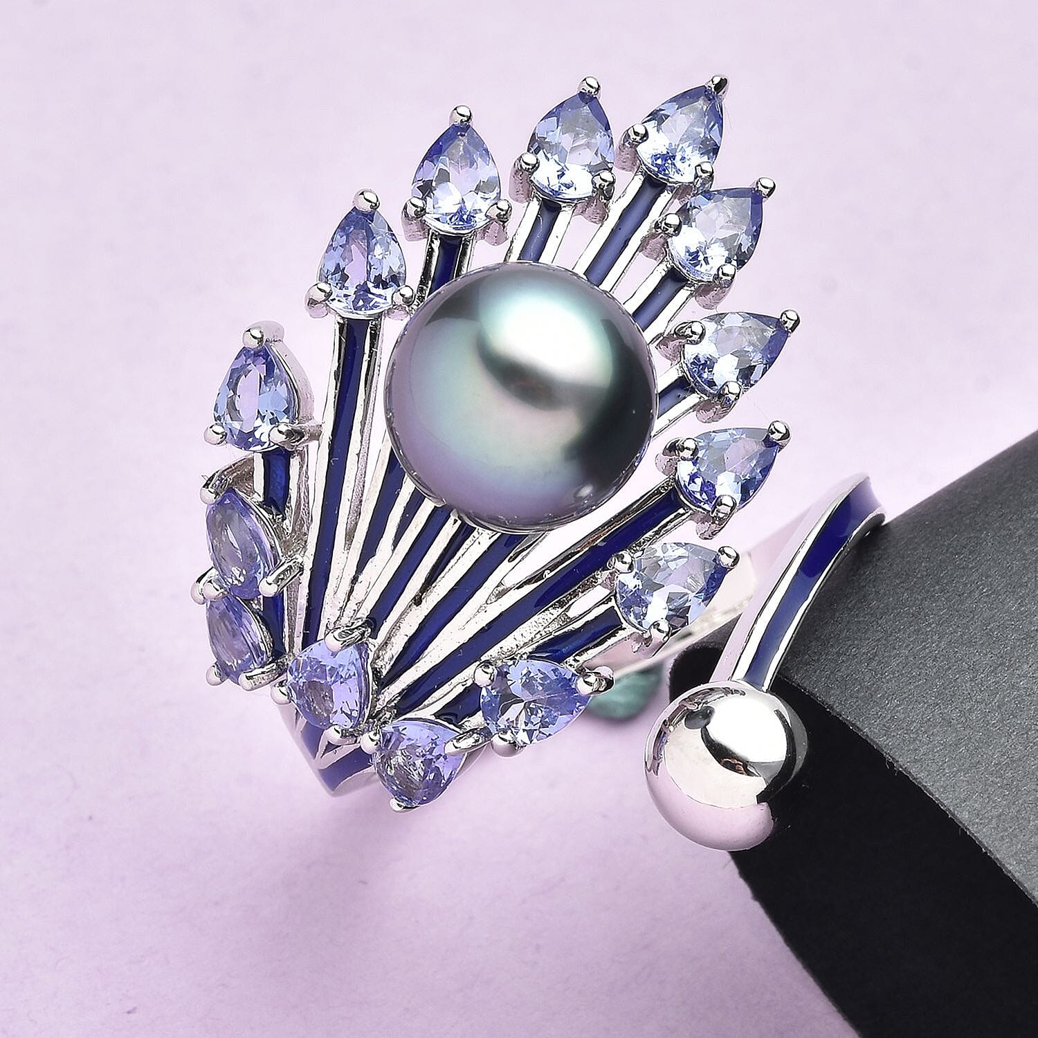 Tahitian Cultured Pearl and Tanzanite Enameled Peacock Feather Bypass Ring in Rhodium Over Sterling Silver (Size 8.0) 7.35 Grams 2.15 ctw