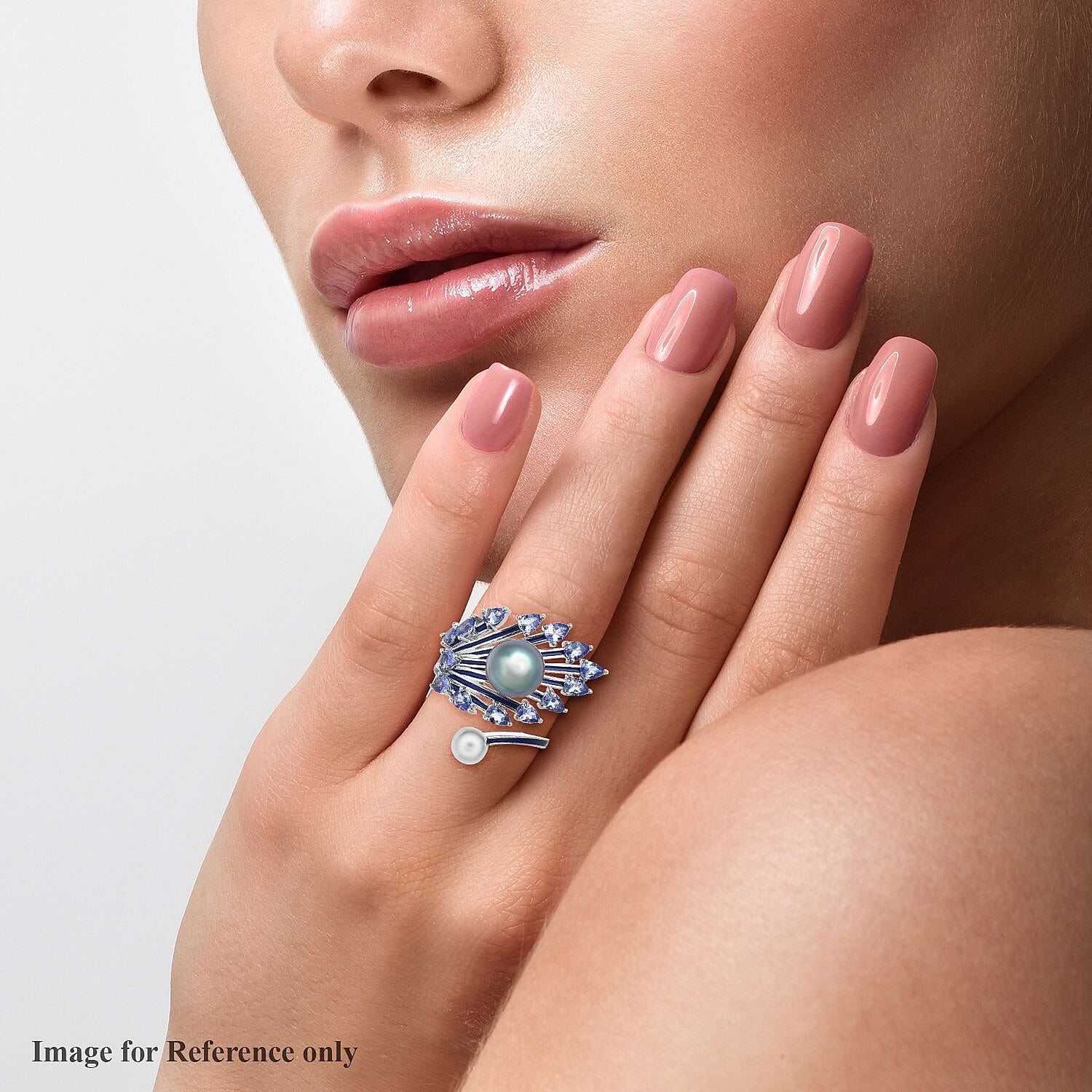 Tahitian Cultured Pearl and Tanzanite Enameled Peacock Feather Bypass Ring in Rhodium Over Sterling Silver (Size 8.0) 7.35 Grams 2.15 ctw
