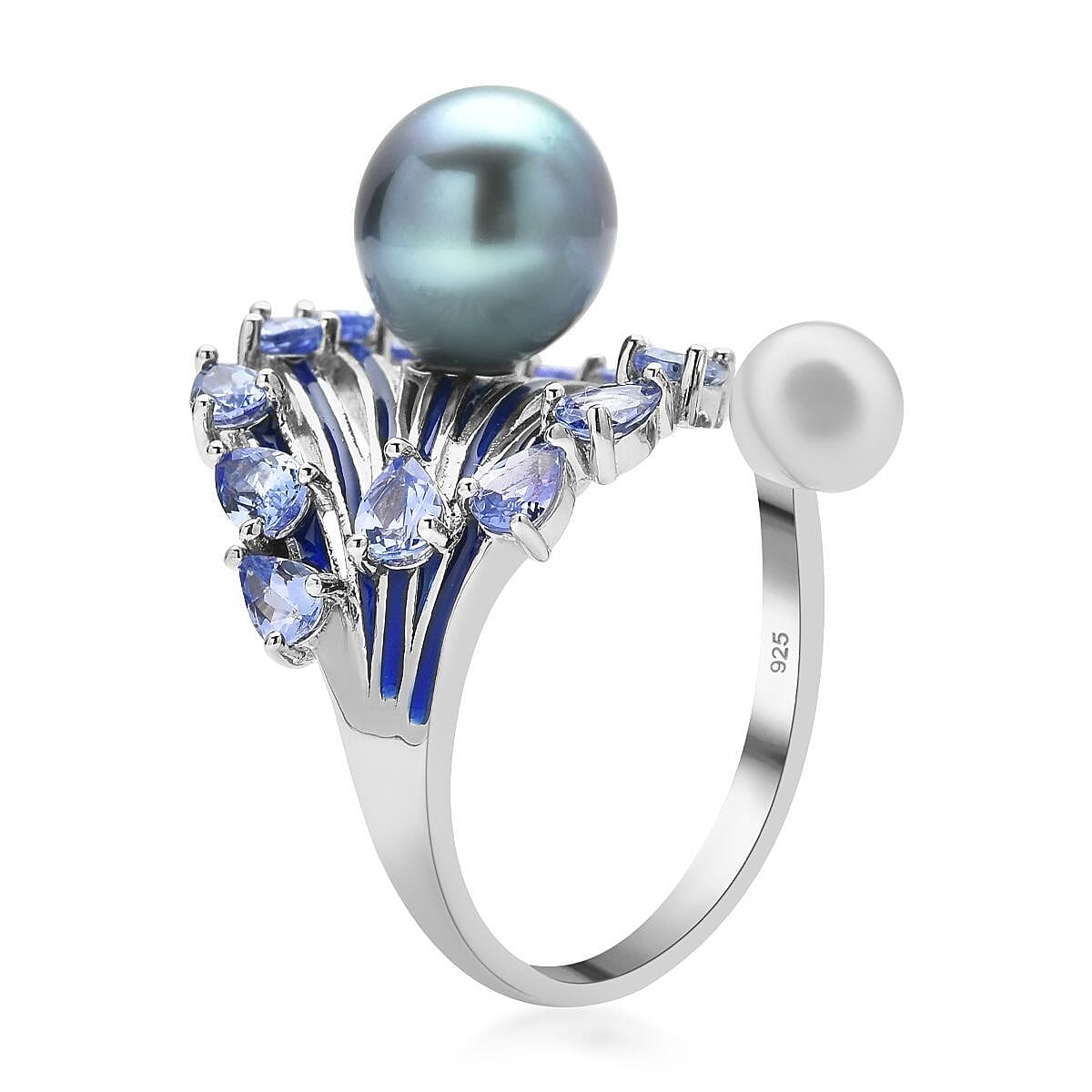 Tahitian Cultured Pearl and Tanzanite Enameled Peacock Feather Bypass Ring in Rhodium Over Sterling Silver (Size 8.0) 7.35 Grams 2.15 ctw