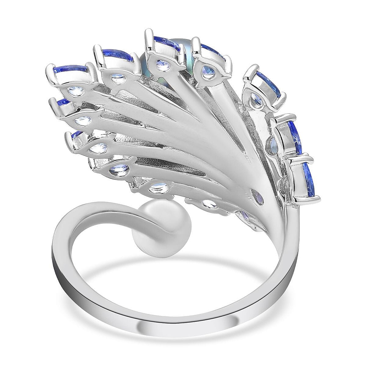 Tahitian Cultured Pearl and Tanzanite Enameled Peacock Feather Bypass Ring in Rhodium Over Sterling Silver (Size 8.0) 7.35 Grams 2.15 ctw