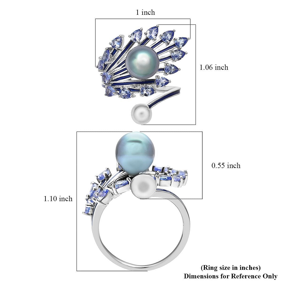 Tahitian Cultured Pearl and Tanzanite Enameled Peacock Feather Bypass Ring in Rhodium Over Sterling Silver (Size 8.0) 7.35 Grams 2.15 ctw