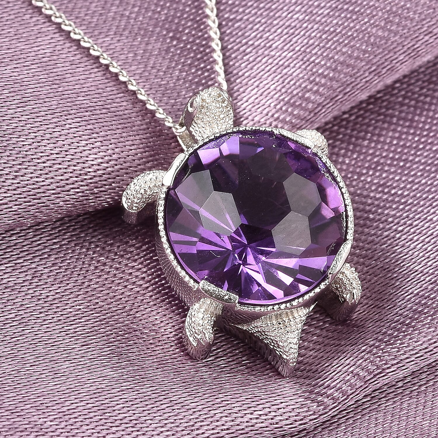 Amethyst Tortoise Inspired Pendant Necklace 18 Inches in Rhodium Over Sterling Silver 3.35 ctw