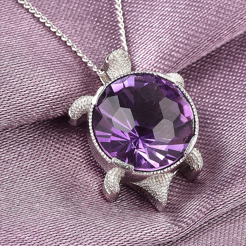 Amethyst Tortoise Inspired Pendant Necklace 18 Inches in Rhodium Over Sterling Silver 3.35 ctw