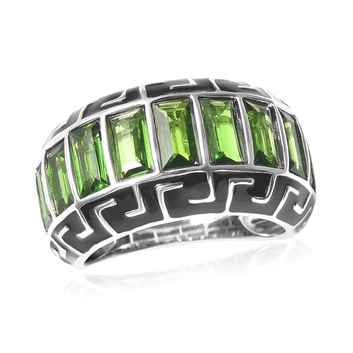 Natural Chrome Diopside and Enameled Ring in Rhodium Over Sterling Silver (Size 7.0) 7.20 Grams 3.85 ctw image number 0