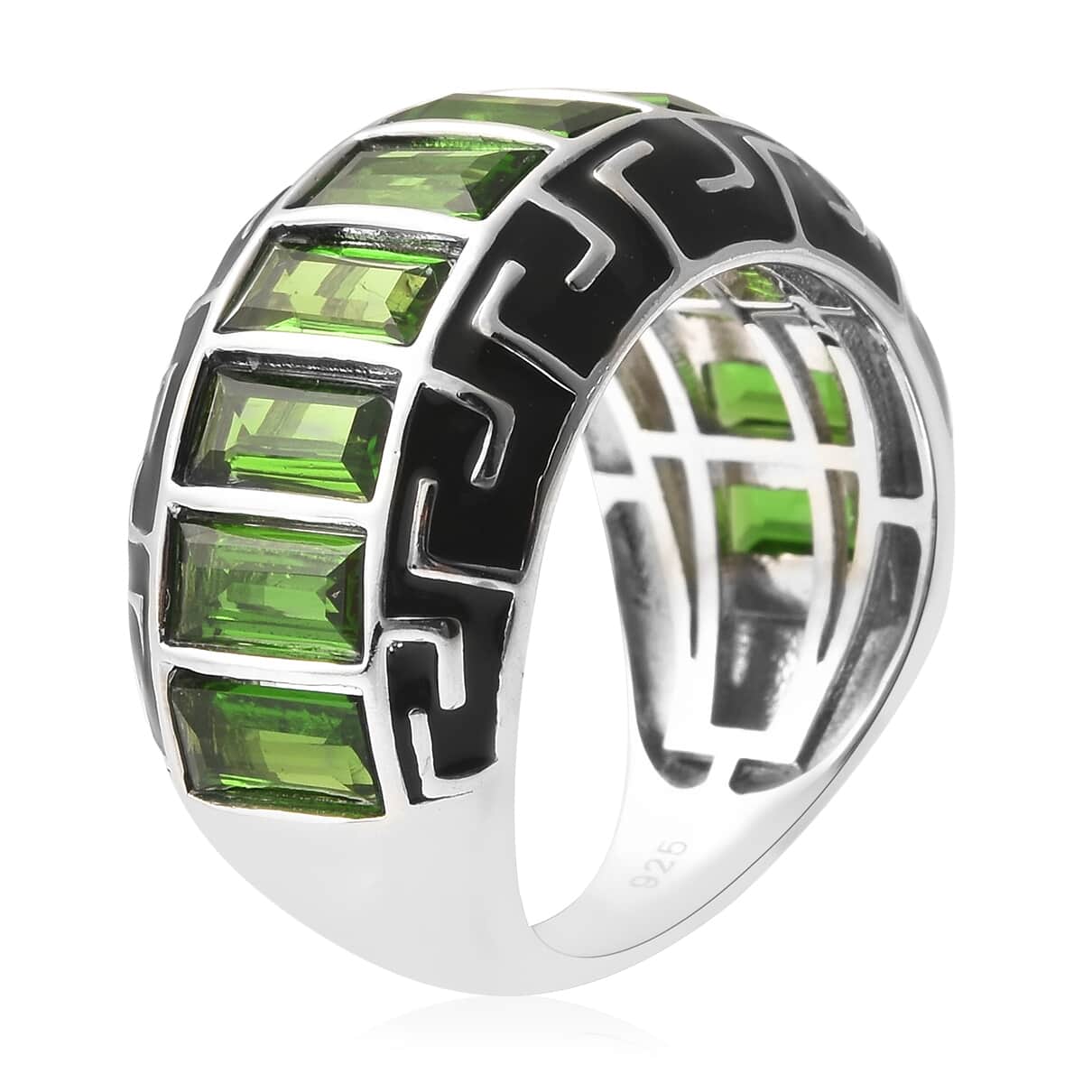 Natural Chrome Diopside and Enameled Ring in Rhodium Over Sterling Silver (Size 7.0) 7.20 Grams 3.85 ctw image number 3