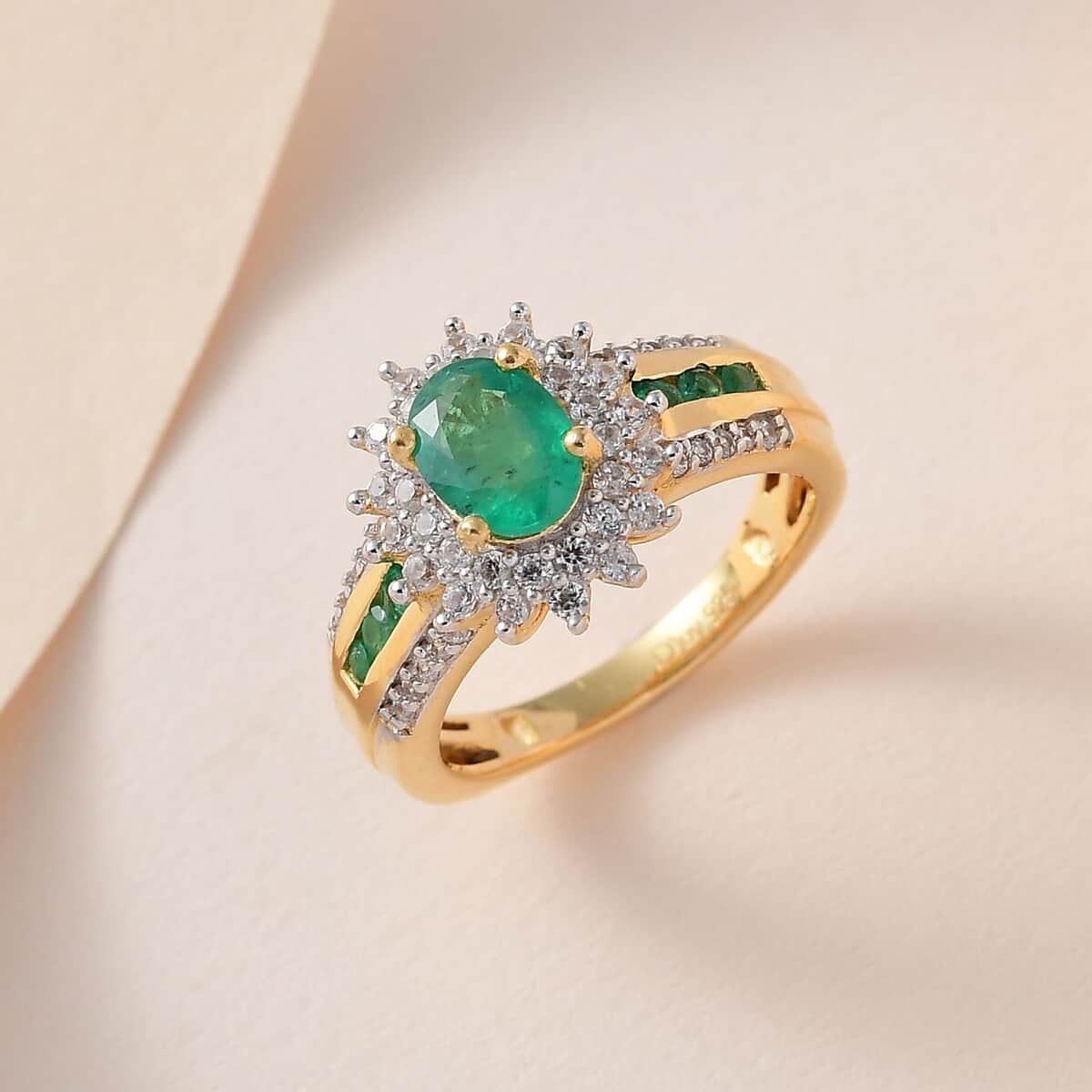 AAA Kagem Zambian Emerald, Natural White Zircon Sunburst Ring in Vermeil YG Over Sterling Silver (Size 10.0) 1.70 ctw image number 1