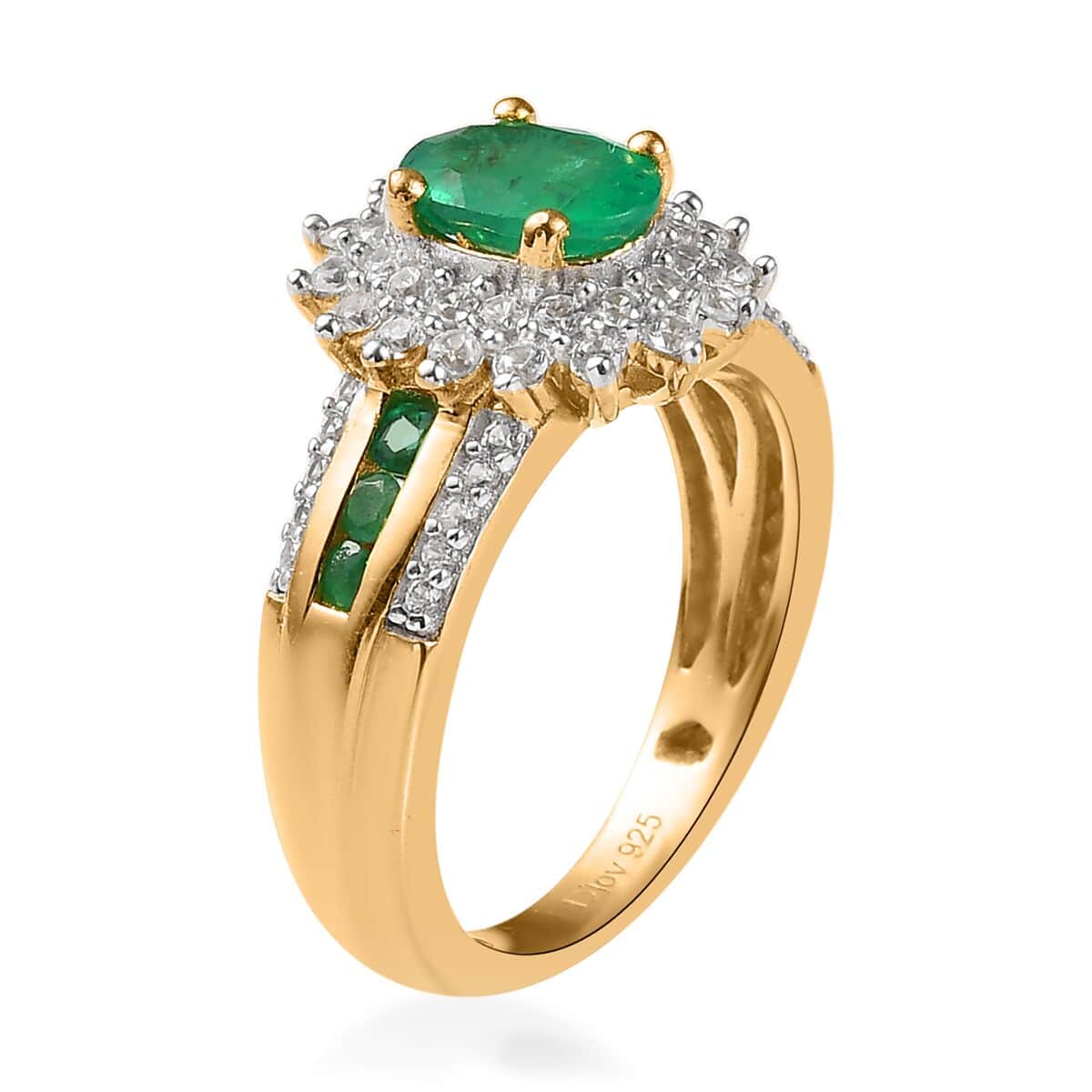AAA Kagem Zambian Emerald, Natural White Zircon Sunburst Ring in Vermeil YG Over Sterling Silver (Size 10.0) 1.70 ctw image number 3